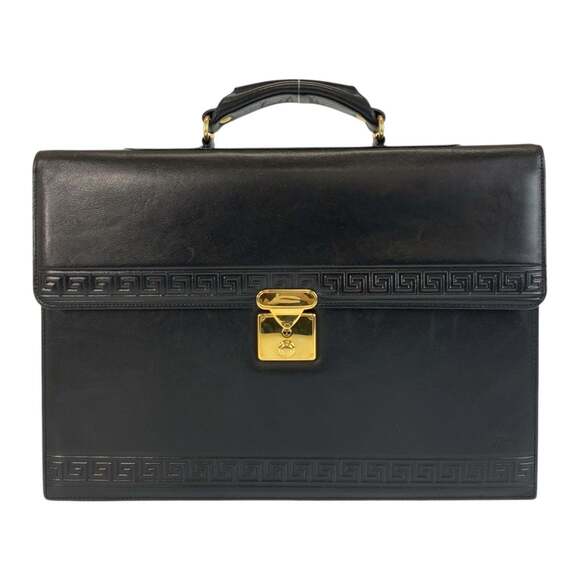 Gianni Versace Vintage Black Leather Business Briefcase with Gold Hardware fo...